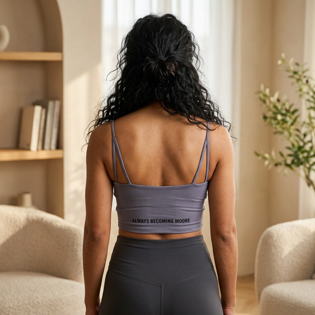 Women’s Luxe Bra — Moore Fitness Crop with ‘Always Becoming Moore’ Back Text