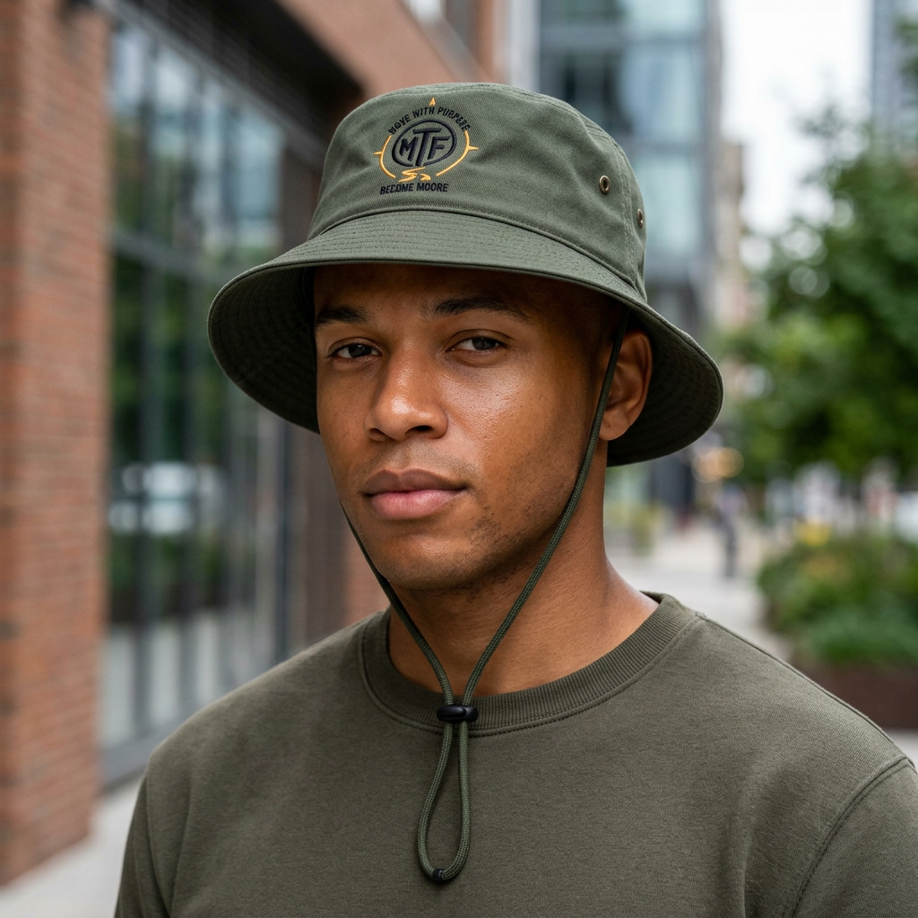 MTF Logo Wide Brim Bucket Hat — Outdoor Sun Fishing Boonie Hat with Chin Strap