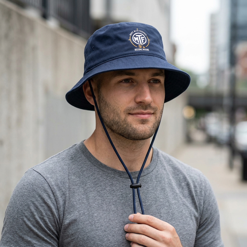 MTF Logo Wide Brim Bucket Hat — Outdoor Sun Fishing Boonie Hat with Chin Strap