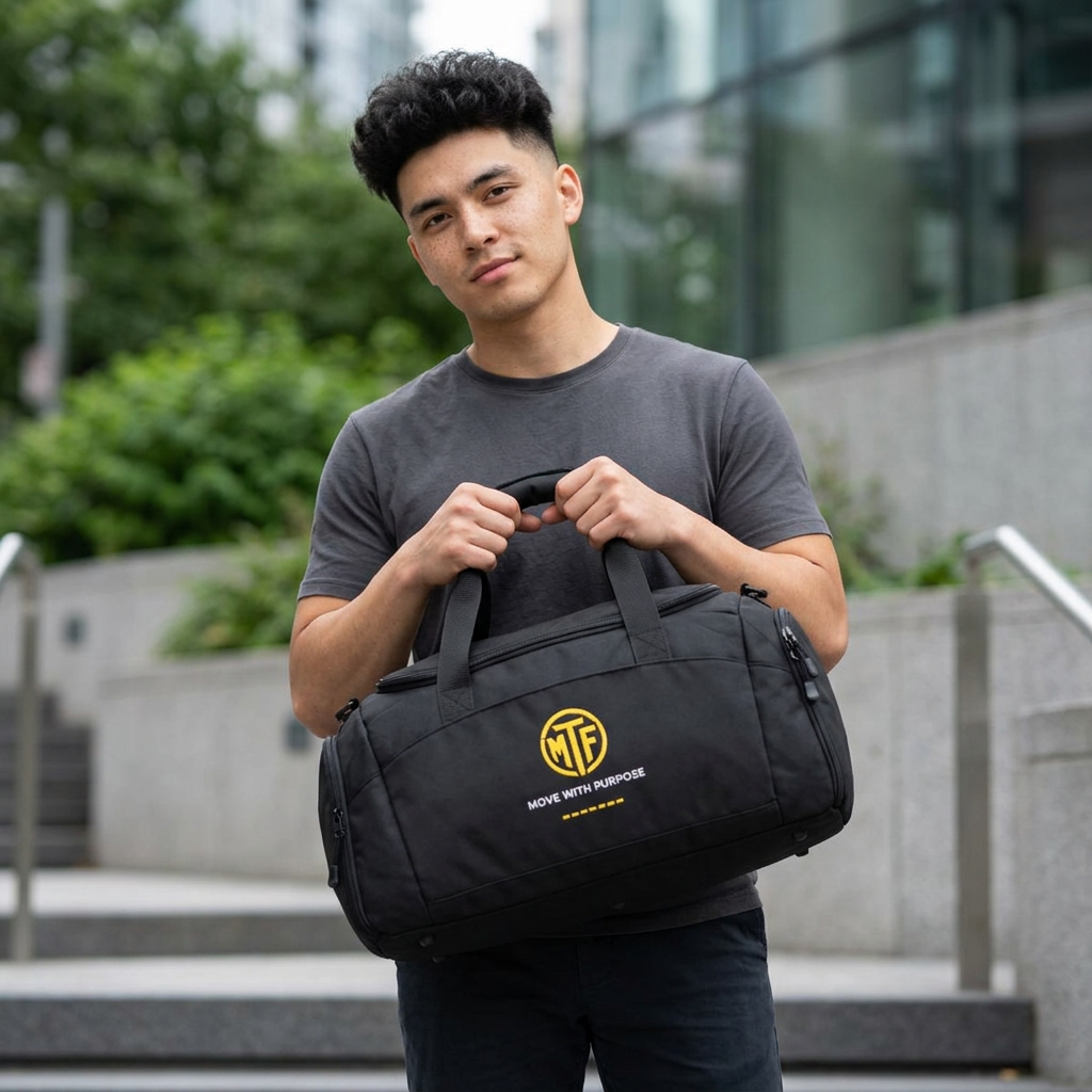 Embroidered Move With Purpose Gym Bag — Black Duffle for Fitness & Travel