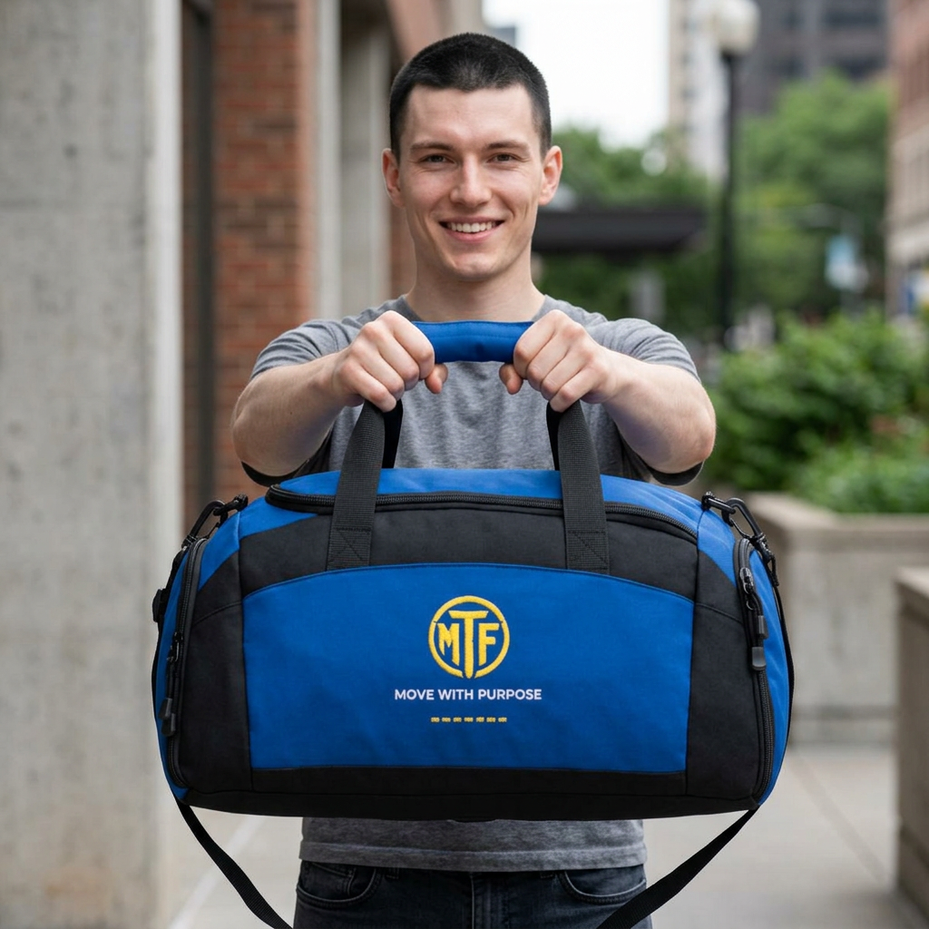 Embroidered Move With Purpose Gym Bag — Black Duffle for Fitness & Travel