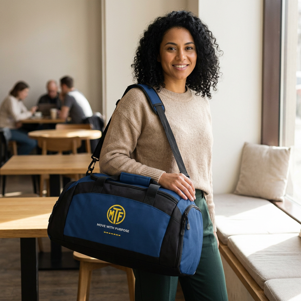 Embroidered Move With Purpose Gym Bag — Black Duffle for Fitness & Travel