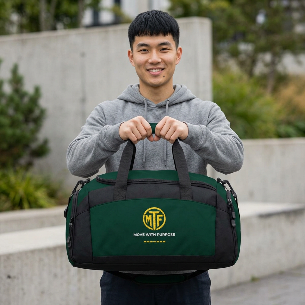 Embroidered Move With Purpose Gym Bag — Black Duffle for Fitness & Travel