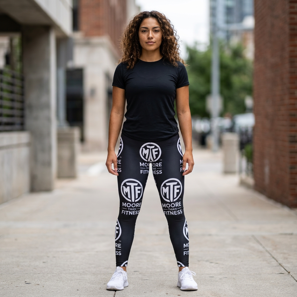 Moore Than Fitness Logo Leggings — Women's Black All-Over Print Workout Leggings
