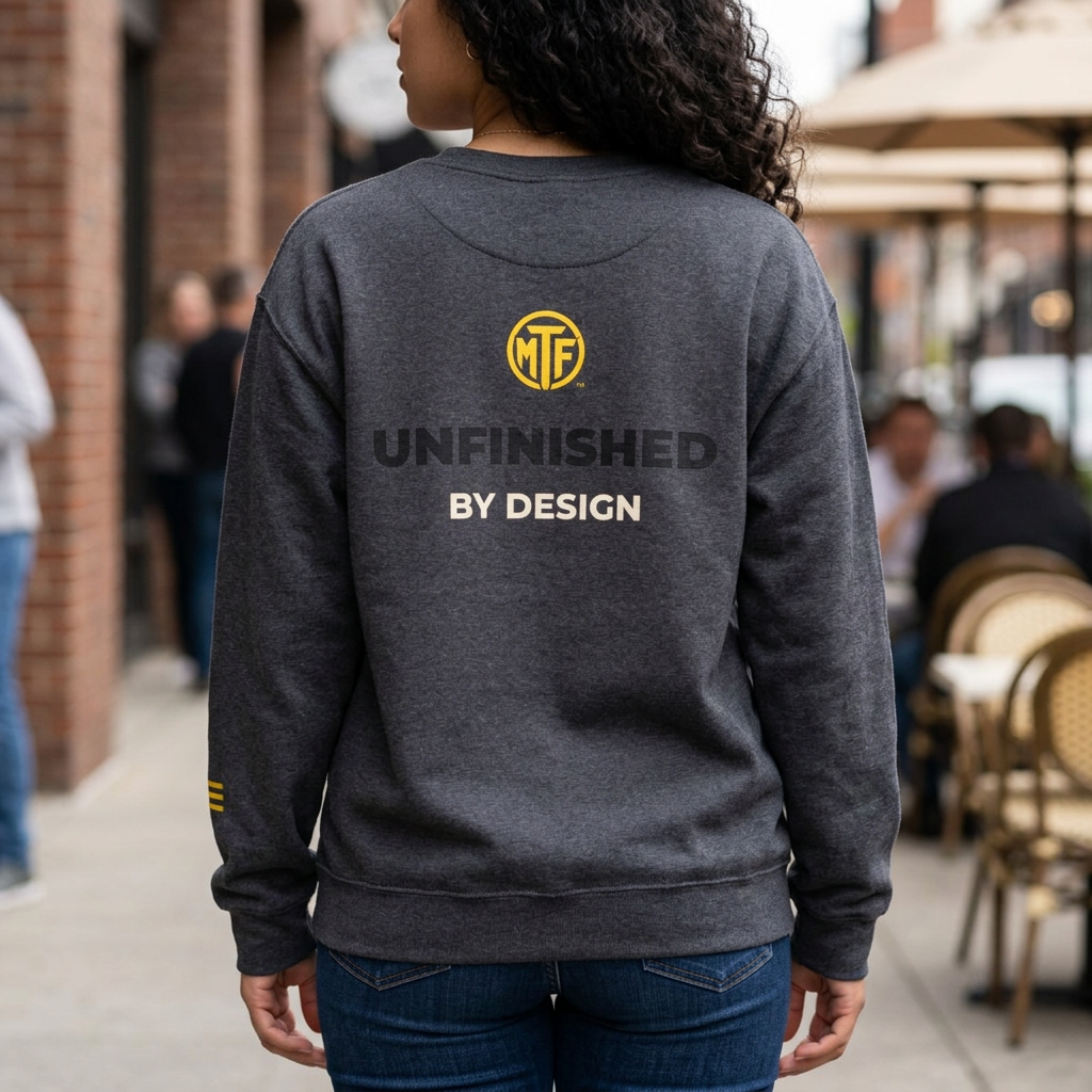 Crewneck Sweatshirt — "Unfinished by Design" Minimal Logo Pullover
