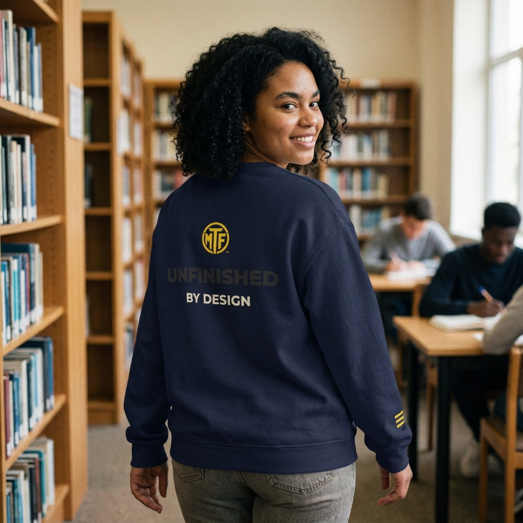 Crewneck Sweatshirt — "Unfinished by Design" Minimal Logo Pullover